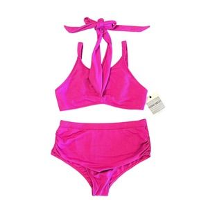 NWT Hanna Nikole High Waist Bikini Set Womens Plus Size 18W Ruched Swimsuit Pink